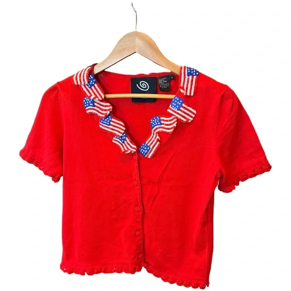 🇺🇸 Vintage Patriotic Flag Cardigan ✨ Sequin Crochet Statement Sweater Size S - Picture 13 of 13